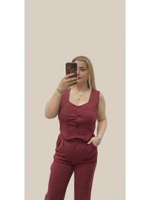 No 35 Moda Krep Kısa Yelek Bordo M