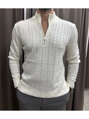 No 35 Moda Fermuarlı Triko Kazak Açık Krem Xl