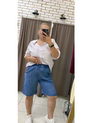 No 35 Moda Uzun Kot Şort Lastikli Bel Mavi S