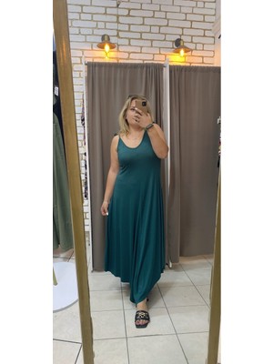 No 35 Moda   V Yaka Salaş Penye Elbise Yeşil Standart