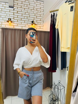No 35 Moda Su Yolu Çizgili Şort Lacivert S