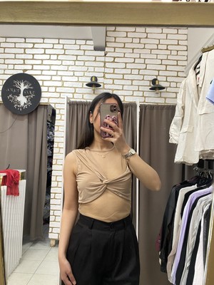 No 35 Moda Transparan Tül Bluz Bej S