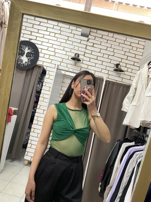 No 35 Moda Transparan Tül Bluz Yeşil M