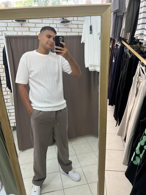 No 35 Moda Triko Zincir Desen Tshirt Açık Beyaz M