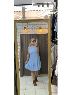No 35 Moda   Fırfırlı Gofre Elbise Mavi M
