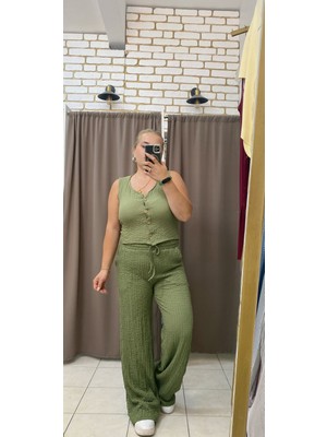 No 35 Moda Gofre Crop Yelek Yeşil M