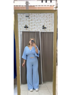 No 35 Moda Gofre Rahat Pantolon Açık  Mavi M