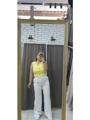 No 35 Moda Gofre Crop Yelek Neon Sarı M