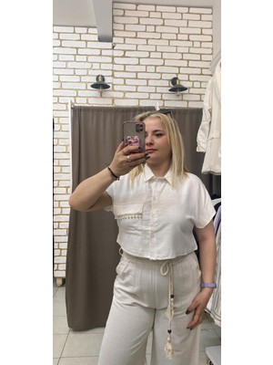 No 35 Moda Cebi Taşlı Crop Gömlek Ekru L