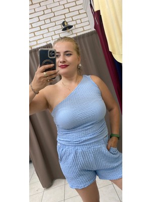 No 35 Moda  Gofre Şort Lastikli Bel Mavi Xl