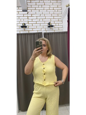 No 35 Moda Gofre Crop Yelek Açık Sarı S