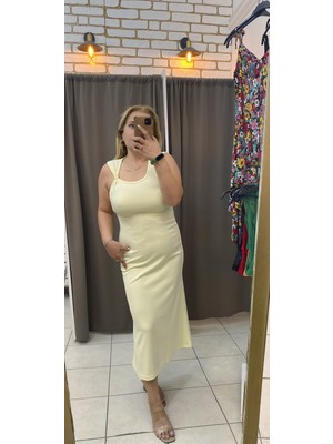 No 35 Moda Tokalı Modal Elbise Açık Sarı M