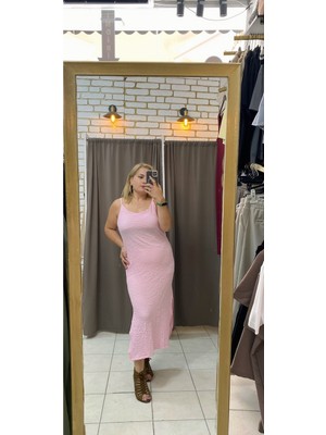 No 35 Moda   Yırtmaçlı Gofre Elbise Pembe L