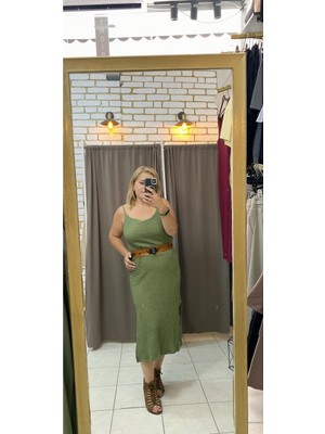 No 35 Moda Tuba Toptaş Yırtmaçlı Gofre Elbise Haki L
