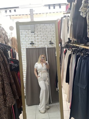 No 35 Moda Beli Lastikli Keten Palazzo Pantolon Açık Krem M