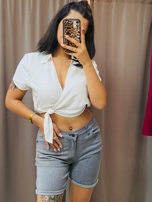 No 35 Moda Kısa Likralı Kot Şort Gri 38