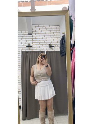 No 35 Moda Krep Kısa Yelek Bej L
