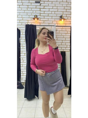 No 35 Moda Kare Yaka Crop Sandy Bluz Pembe S