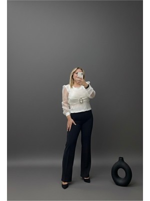 No 35 Moda   Tokalı Sandy Bluz Beyaz S