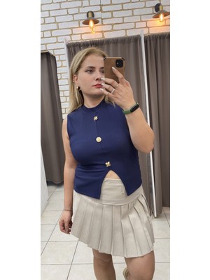 No 35 Moda Tuba Toptaş Balıkçı Yaka Ottoman Bluz Lacivert M