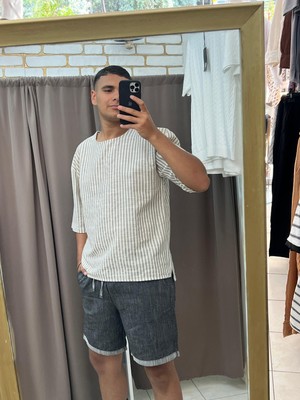 No 35 Moda Çizgili Fakir Kol Oversize Gömlek Bej - Gri S