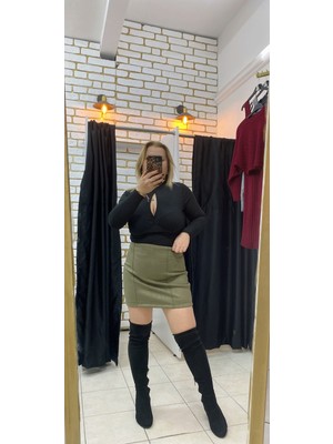 No 35 Moda Süet Çımalı Dar Etek Yeşil S