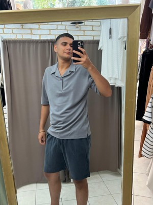 No 35 Moda Yakalı Örme Krep Tshirt Gri L