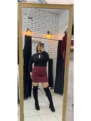 No 35 Moda Süet Çımalı Dar Etek Bordo S