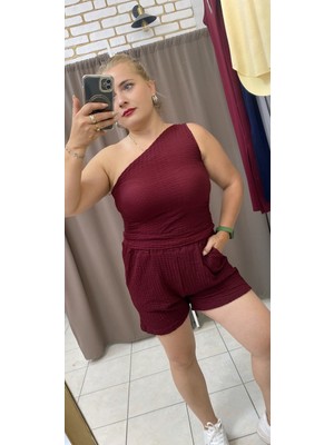 No 35 Moda   Gofre Şort Lastikli Bel Bordo L