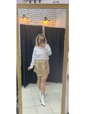 No 35 Moda Deri Şort Etek Kısa Gold S