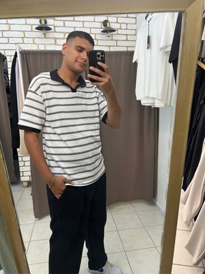 No 35 Moda   Çizgili Yakalı Triko Tshirt Beyaz 2xl