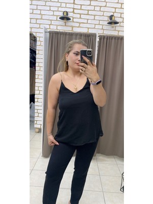 No 35 Moda  Zincir Askılı Şifon Bluz Siyah M