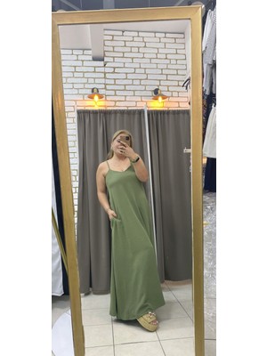 No 35 Moda Cepli Dokuma Elbise Yağ Yeşili M