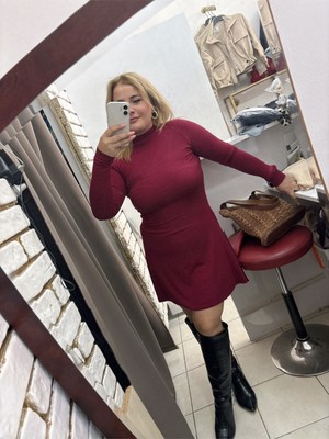 No 35 Moda  Kloş Elbise Balıkçı Yaka Bordo S