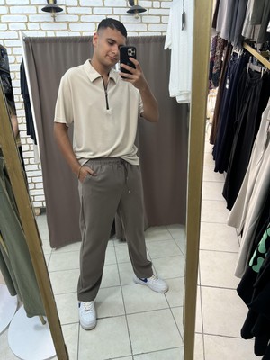 No 35 Moda Modal Yaka Fermuarlı Tshirt Bej S