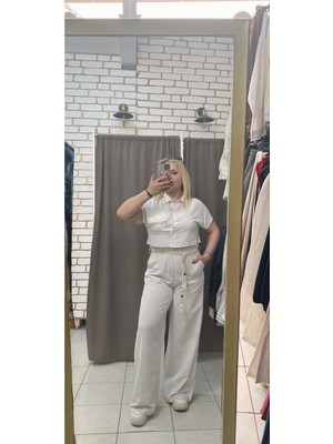 No 35 Moda Tuba Toptaş Keten Beli Lastikli Palazzo Pantolon Bej S