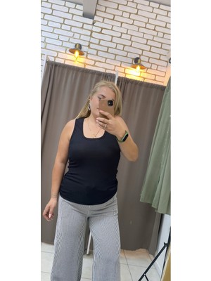 No 35 Moda Su Yolu Çizgili Gömlek Pantolon Takım Siyah S