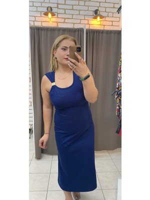 No 35 Moda Tokalı Modal Elbise Lacivert L