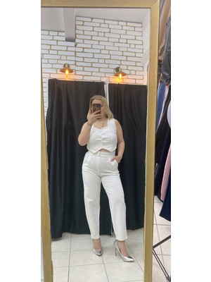 No 35 Moda Krep Havuç Pantolon Beyaz L