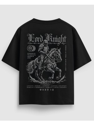 Oversize Unisex Siyah Tişört – Lord Knight Gri Yazılı Ortaçağ  Yazılı Şövalye Baskı, %100 Pamuk Streetwear Tasarım