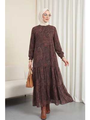 Moda Morfo Etnik Desen Eteği Parçalı Astarlı Şifon Elbise  -Mürdüm