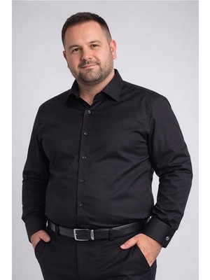 Dicotto Siyah Ekstra Büyük Yaka 4 Drop Rahat Kesim Micro Kumaş Kol Düğmeli Regular Fit Erkek Gömlek // 189-6