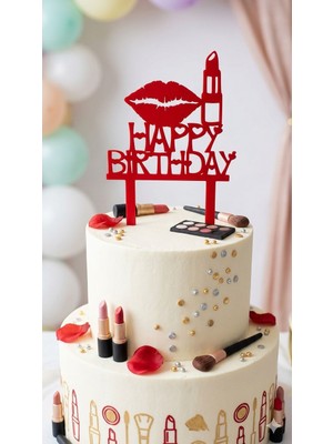 DIGIARTISAN3D Makyaj Temalı Happy Birthday Pasta Süsü - Dekoratif Doğum Günü Yazısı