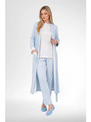 Mecit Pijama Mecit 6397 Mavi Kadın Uzun Sabahlıklı Pijama Takımı