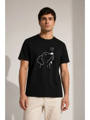 Efnaz Style Erkek Köpek Figürlü Minimal Baskılı Tişört Kısa Kol Yazlık T-Shirt - Siyah