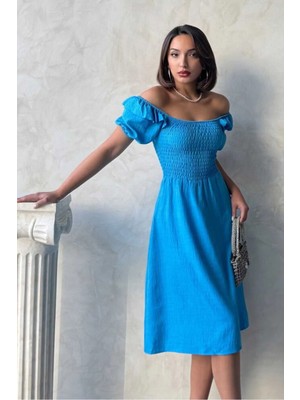 Caddebostan Moda Gipeli Kayık Yaka Keten Elbise Volan Kollu Midi Boy Yazlık Elbise