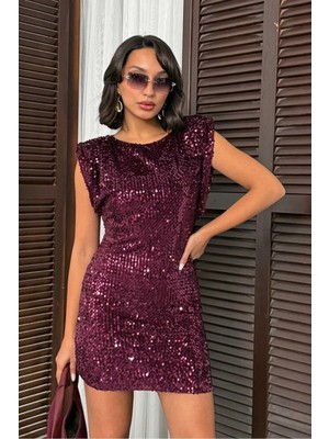 Caddebostan Moda Mürdüm Pullu Kadife Sırt Dekolte Mini Elbise Modern Premium Luxury Trend Tasarım Elbise