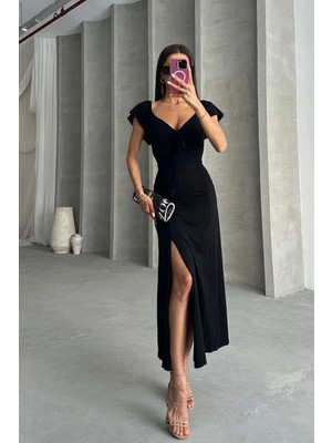 Caddebostan Moda Siyah Düz Viskon Derin Yırtmaç Elbise Modern Premium Luxury Trend Tasarım Elbise