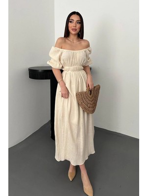 Caddebostan Moda Yakası Büzgülü Müslin Keten Elbise Belden Lastikli Kare Yaka Maxi Boy Yazlık Elbise