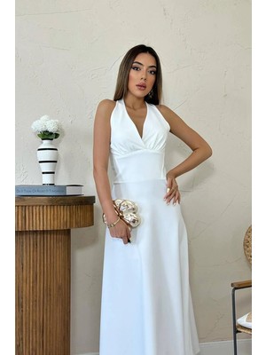 Caddebostan Moda Atlas Kumaş Göğüs Kuplu Halter Yaka Maxi Boy Abiye Elbise